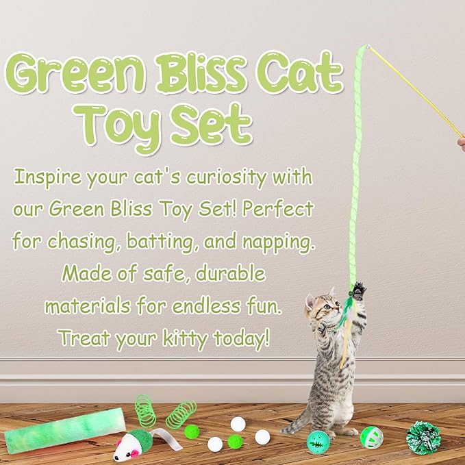 24 Pcs Cat Toys Set Interactive Kitten Toys Pack Including Collapsible Play Tunnel Feather Teaser Wand Fuzzy Ball Springs Pillow Mouse Bells for Indoor Cats Puppy (Green)