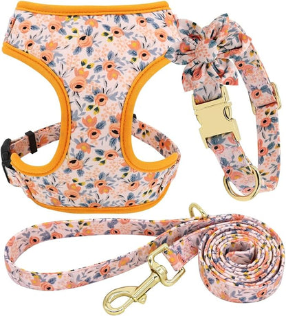 Beirui Cute Dog Collars,Harnesses,Leashes Set, Floral Pattern, Orange,S | Girl Dog Harness Set with Flower, Adjustable and Soft Mesh Lining, For Small Dogs Daily Walks