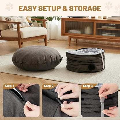 Cat Tunnel Bed for Indoor Cats, Cooling Natural Linen Cat Tunnel 29.5in | Breathable Kitten Toys Cat Tunnel with Washable Mat, Round Pet Tunnel for Kittens, Squirrels Dark Grey