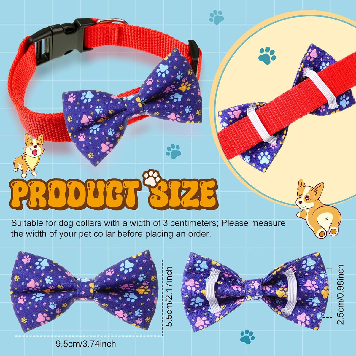 Hillban 50 Pieces Paw Print Dog Collar Bow Ties Colorful Paw Print Dog Collar Accessories Bow Ties Attachment with Elastic Bands Detachable Charms for Pets Collar Accessories Daily Costume