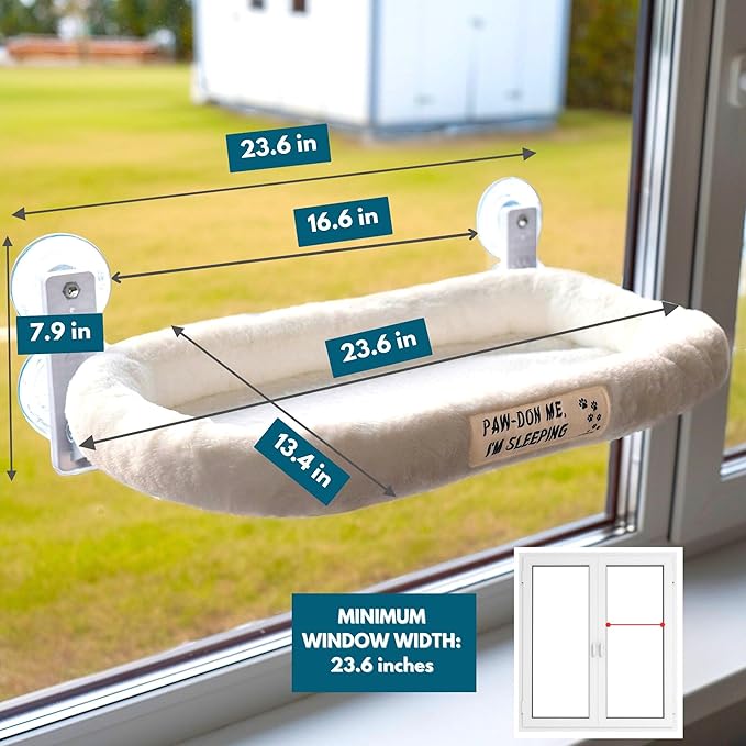 Cat Window Perch — Cat Window Bed with 4 Large Premium Suction Cups & Soft Solid Cushion; Strong Rustproof Metal Frame Window Hammock Holding Up to 40 lbs; Easy Assembly Perch for Indoor Cats