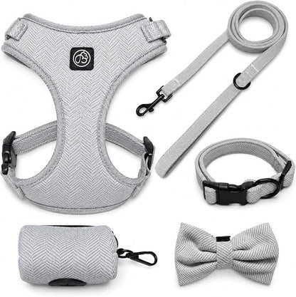 EVERKING 5-Piece Dog Travel Set, Adjustable Harness, Leash, Collar, Poop Bags, Bowtie for Small Medium Dogs, Beige, Breathable No-Pull Design (Slate Gray, L)