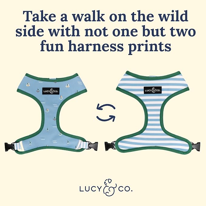 Lucy & Co. Reversible Dog Harness - Water-Repellent Neoprene, Dual-Print Design, Easy Swap Style, Adjustable Comfort Fit - Set Sail Reversible Harness - Medium