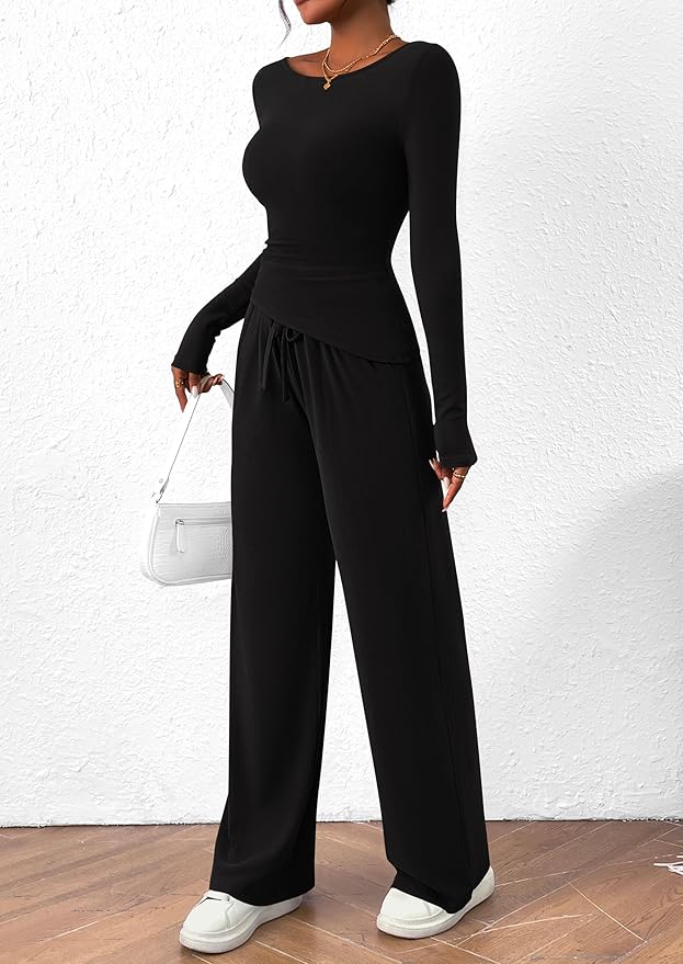PRETTYGARDEN Women's 2 Piece Lounge Sets Asymmetrical Long Sleeve T Shirt Wide Leg Pants Casual Outfits Tracksuit