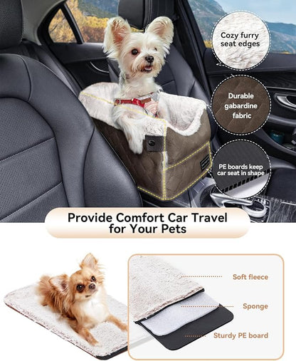 PETSFIT Dog Console Car Seat with Dual Adjustable Seat-Rail Anchor Hooks | Anti-Collapse Leather Armrest Booster Carseat with Safety Tether, Washable Cushion, Soft Pillow for Pets Under 8 lbs,Coffee