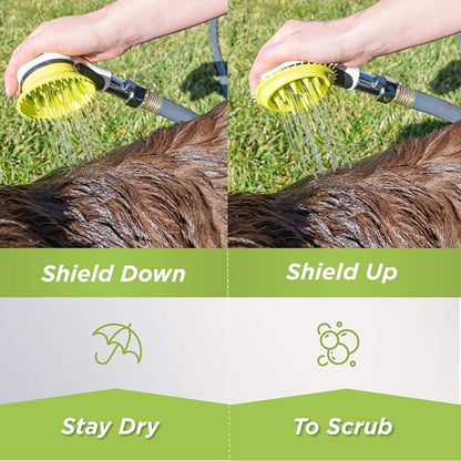 Outdoor Dog Wash Garden Hose Nozzle for Bath and Quick Paw Rinses. Splash Shield Handle and Rubber Grooming Brush. Metal Connection. Swivels on Hose with Water Pressure Control.