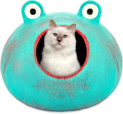 Luxurious Merino Wool Cat Cave - Foldable Hideaway Pod for Indoor Cats - Premium Felt Kitten Pet Enclosure - Covered Cat House for Ultimate Cozy Comfort by Woolygon (Turquoise Frog)
