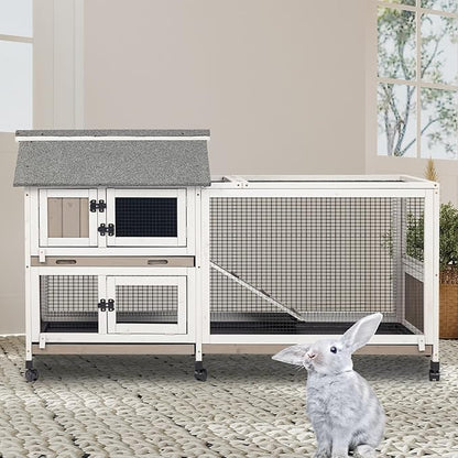 Gowoodhut 2-Story 60.6"L Rabbit Hutch Indoor and Outdoor with 6 Wheels,Wooden Rabbit Cage with 3 Pull Out Leak-Proof Trays for 2-4 Rabbits,Bunny Hutch with Asphalt Roof Bunny Cage with 6 Accesses,Grey