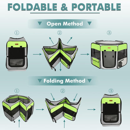 Dog Playpen, Portable Pet Play Pen for Cat, Puppies, Rabbits, Chickens, Foldable Large-Capacity Pet Tent for Indoor/Outdoor Travel Camping Green