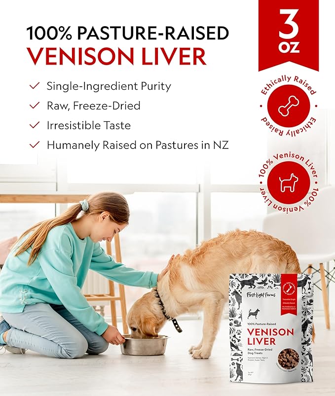 First Light Farms Freeze-Dried Venison Liver Dog Treats | 3oz Bag | 100% Single Ingredient | Free-Range, Pasture-Raised | Nutrient-Dense, High Protein