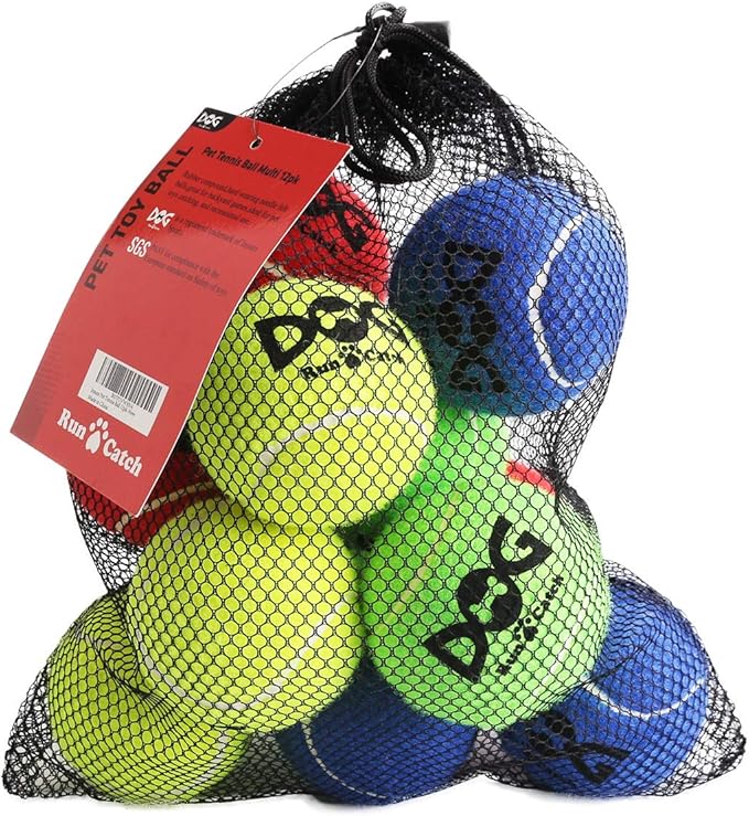 Tennis Balls for Dogs - 12 Pack 2.5'' Durable Non-Toxic Outdoor Dog Toys Balls with Mesh Bag, SGS Certified, Colorful Fetch Toys, Medium Large Breeds (Non Squeaky)
