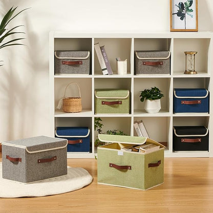 2PCS Storage Boxes with Lid Cotton Linen Fabric Storage Bins Organizer Container Decorative Collapsible Washable Shelf Closet Baskets Faux Leather Handles Home Bedroom (Gray, Large Size)