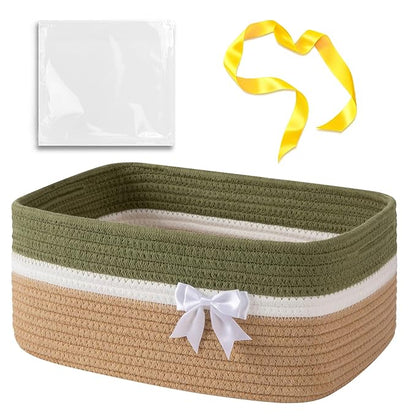OIAHOMY Large Woven Storage Basket with Handles for Nursery Living Room Shelves, Bow Basket for Gifts Empty with Gift Bags and Ribbons for Baby Showers Pet Toy Bin - Light Green & Yellow
