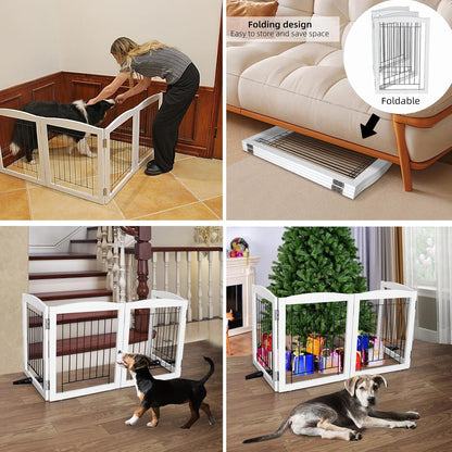 ZJSF Freestanding Dog Fence Indoor, Foldable Dog Gate for Doorways, Stairs or Hallways, Sturdy Wood Extra Wide Pet Gate with Support Feet for The House, White, 32 "Height-3 Panels