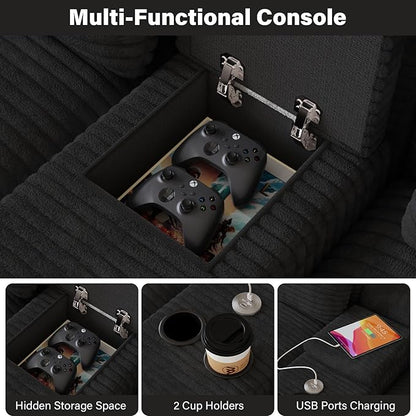 Modular Sectional Sofa with USB Cup Holders Storage, 143" U Shaped Cloud Couch Plush Corduroy Deep Seat Boneless Sofas with Double Chaise Lounge Sectional Couches Memory Foam for Living Room - Black