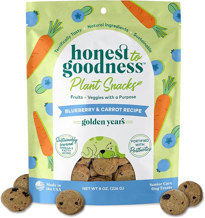 Honest to Goodness Plant Snacks Golden Years Blueberry & Carrot Recipe Dog Treats, 8 oz Bag, Plant-Based Dog Treats