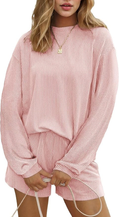 Ekouaer 2 Pieces Lounge Set for Women Long Sleeve Pajamas Top and Shorts Matching Sets Outfits with Pockets