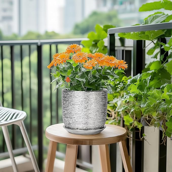 Ceramic Flower Pot - 7 Inch Ceramic Plant Pot for Indoor Flowers, Modern Outdoor Round Planter with Drainage Hole and Saucer, Gifts for Plant Lovers, Home Garden Decor, Silver
