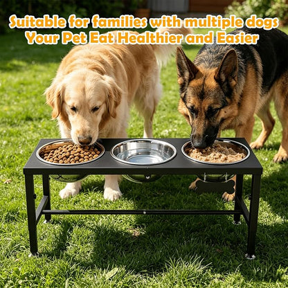 Extra Large Elevated Dog Bowls, 4 Adjustable Height with Three 101oz/3000ml Large Stainless Steel Bowls and Splash pad, Raised Dog Bowl Stand for Large and Extra Large Breeds