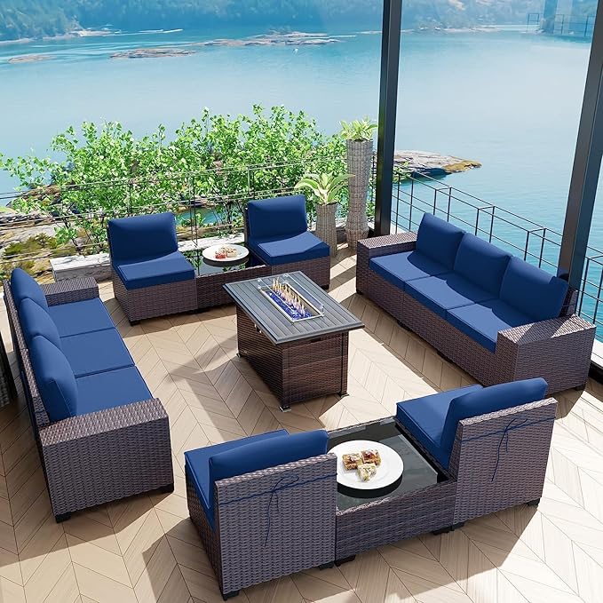 Kullavik 13 Pieces Outdoor Patio Furniture Set with 43" 55000BTU Gas Propane Fire Pit Table PE Wicker Rattan Sectional Sofa Patio Conversation Sets,Navy Blue