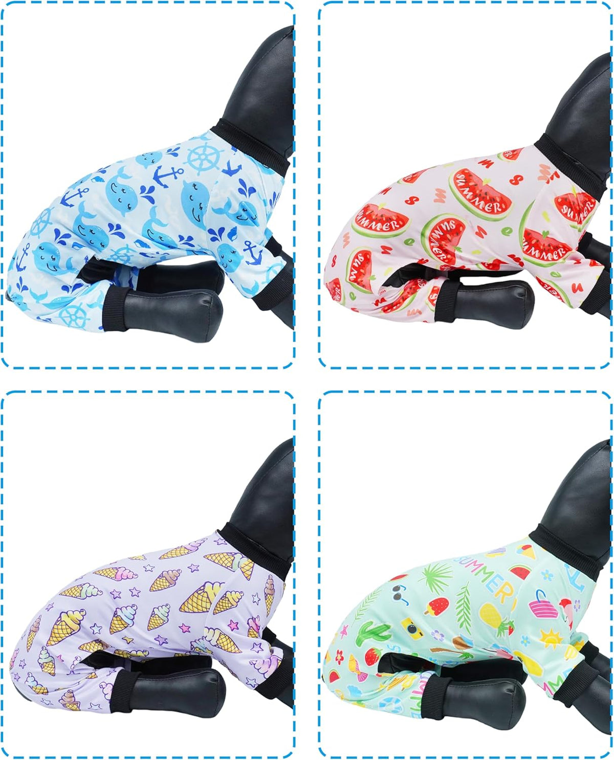 PET SHOW 4 Pack Dog Pajamas for Small Medium Dogs Girl Boy Watermelon Soft Stretchy PJs Whale Ice Cream Jumpsuit Dog Floral Onesies Outfits with Sleeve Pets Breathable Summer Clothes Costume XL