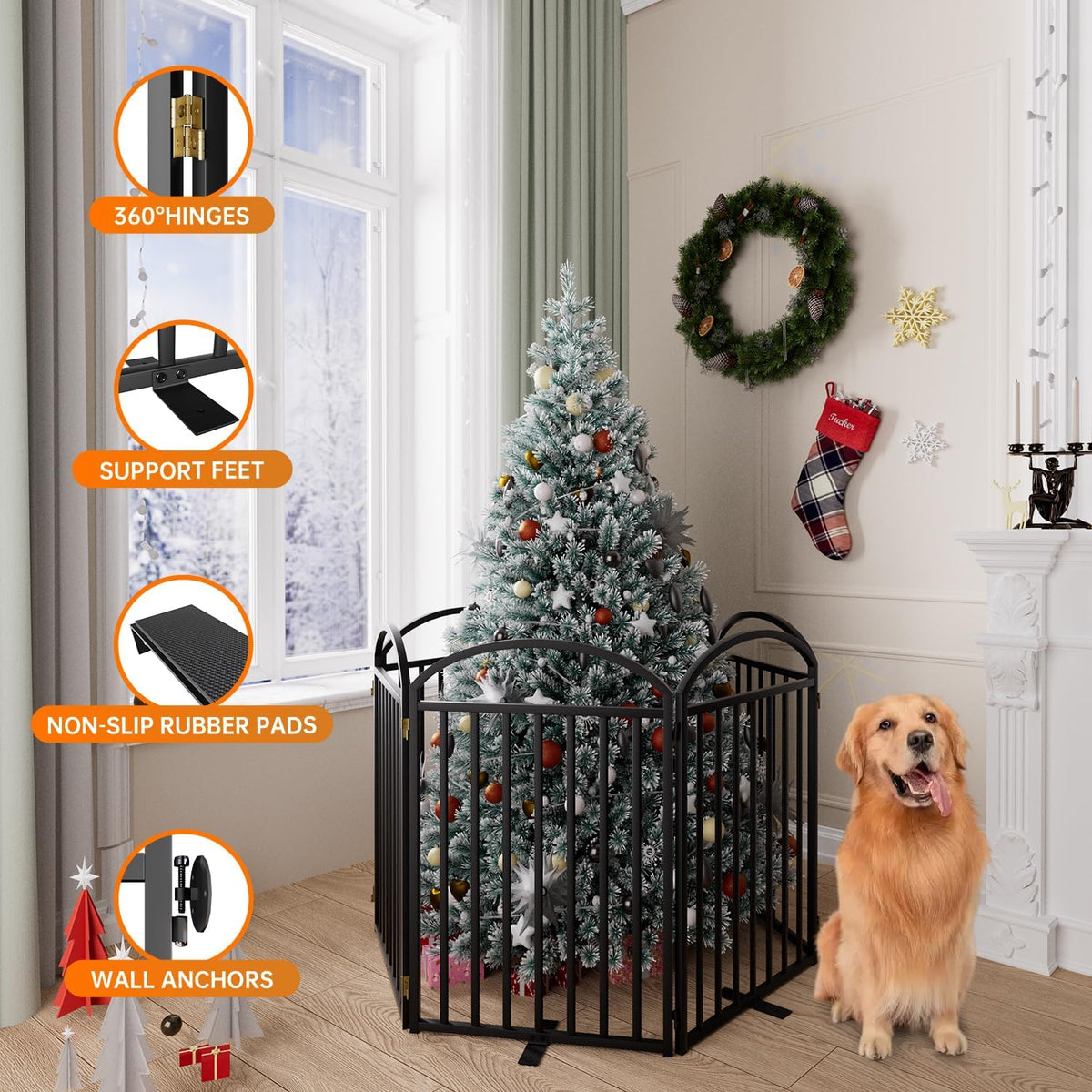 6 Panles Full Matel Freestanding Dog Gates with Door, 144"Extra Wide 32"Tall Free Standing Dog Pet Gate for Indoor & Outdoor. Foldable Pet Fences for Doorways, House, Stairs, Porch, Deck, Yard