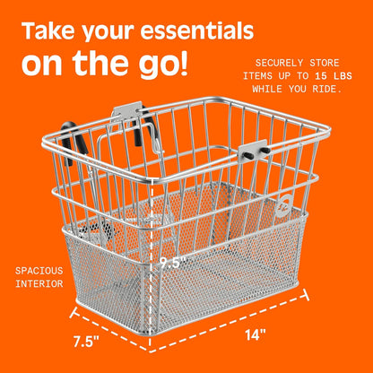 Retrospec Apollo Detachable Front Bike Basket Steel Half-Mesh with Integrated Detachable Hooks and Built-In Handle, Easy Assembly and Portability for Bicycles