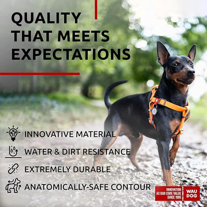 WAUDOG Waterproof Dog Harness - Adjustable for Large, Small and Medium Dogs - Heavy Duty with Durable Metal Clasp and QR Tag - Boy & Girl - Orange (16-22in)