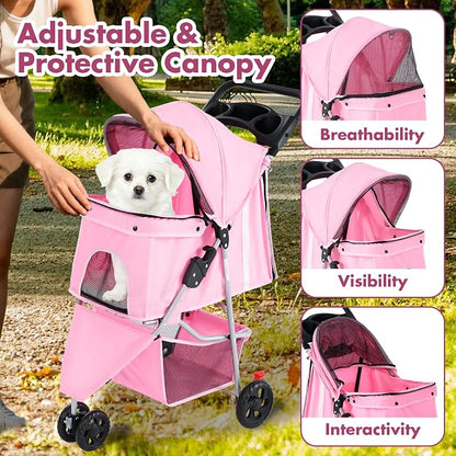 DUMOS 3 Wheels Pet Stroller for Small Dogs and Cats | Foldable Dog Stroller with Mesh Windows, Storage Basket & Cup Holder, Lightweight & Durable Pet Carrier for Travel, Pink