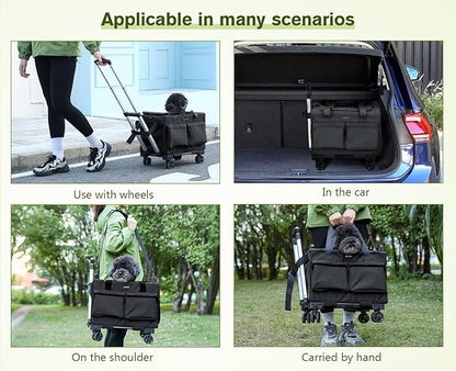 Pecute Cat Carrier with Wheels,Steel Wire Frame Cat Carrier, Stable Pet Trolley Bag for Cats, Pet Handbag and Stroller, Portable Cat Carrier Bag for Car Travel Bus Subway, Dark Grey