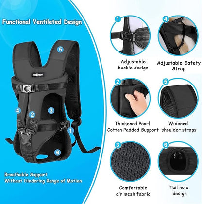 PetBonus Dog Front Carrier Backpacks, Legs Out Easy-fit Puppy Chest Carrier | Hands Free, Adjustable, Safety Strap, Walking Hiking Cycling Motorcycle bag, For Small Medium Dogs (Black, L)