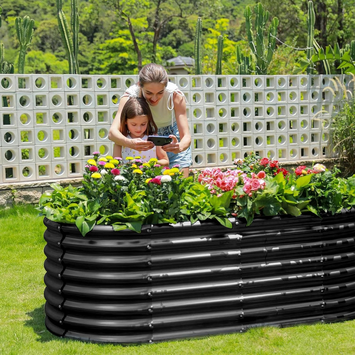 Land Guard Galvanized Planter Raised Beds, 6×3×2ft Galvanized Water Trough, Keyhole Raised Garden Bed Metal (Dark Gray)