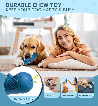 Durable Dog Chew Toy for Aggressive Chewers, Tough Natural Rubber Squeaky Dog Toy with Irresistible Beef Flavor, Dental Care, Teeth Cleaning & Boredom Relief for Medium & Large Dogs (Blue)