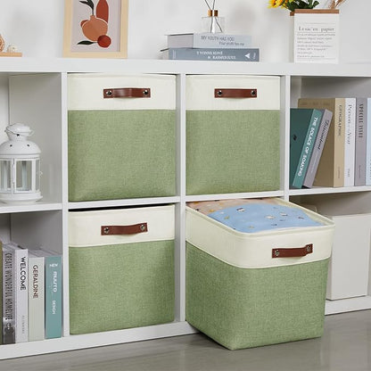 DULLEMELO Storage Baskets for Organizing, Linen Closet Organizers and Storage Baskets for Dog Toy Box, 13 Inch Decorative Cube Storage Bins with handle for Baby Gift Basket(4 Pack - 13" White&Green)