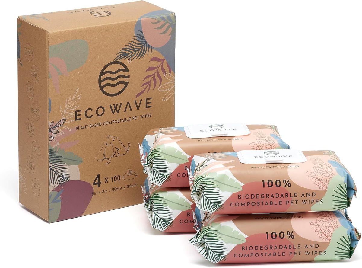 Eco Wave Hypoallergenic Plant-Based Pet Wipes, Dog and Cat Grooming Wipes for Face, Ears, Body, Butt, and Paws, Fragrance Free, Compostable, 400 Count