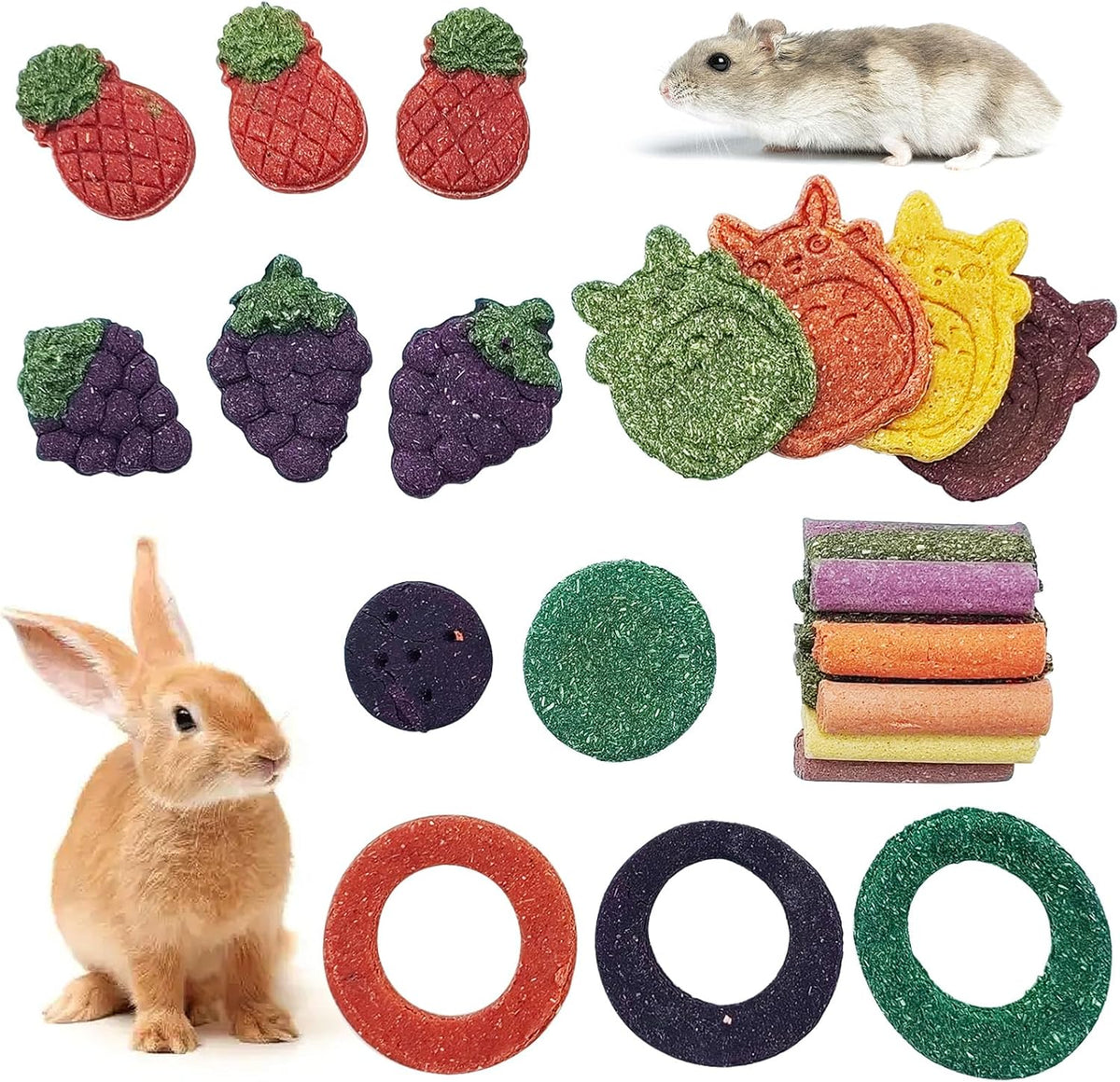 Fhiny 27 PCS Natural Bunny Chew Toys Molar Rabbit Toys Contain Timothy Grass Pumpkin Beets Purple Potatoes Carrot Hamster Treats for Chinchillas Guinea Pigs Mice Gerbils Teeth Grinding