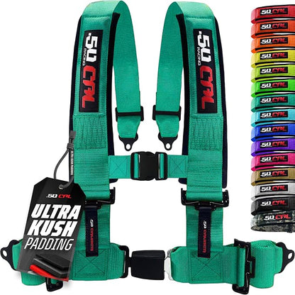 1pc 50 Cal Teal 4 Point Harness 3" Straps, Racing Harness Seat Belt | Ultra Kush padding, Push Button quick release hardware. Universal Fit for UTV, RZR, race car.