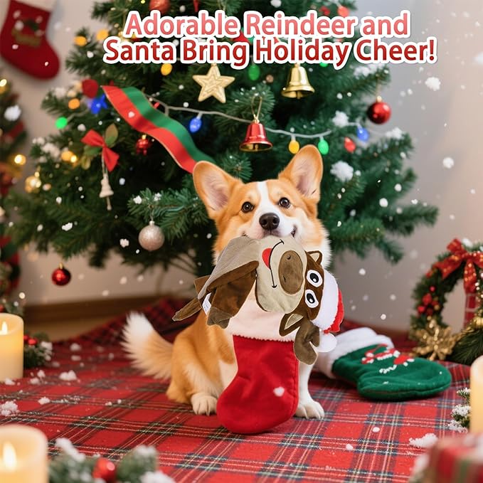 BINGPET Dog Squeaky Toys, 2 Pack No Stuffing Christmas Dog Toys, Reindeer & Santa Interactive Plush with Squeaky Ball and Crinkle Paper, Durable Holiday Fun for Small Medium Large Dogs