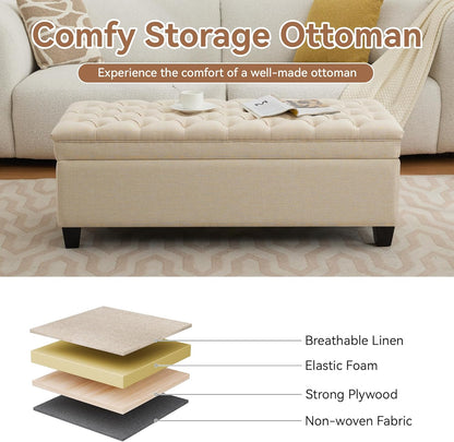 51" Fabric Storage Ottoman Bench, Upholstered Rectangle End of Bed Storage Ottoman Tufted Living Room Bedroom Bench with Safety Hinge, Solid Wood Legs, Loads 500 lb(Khaki)