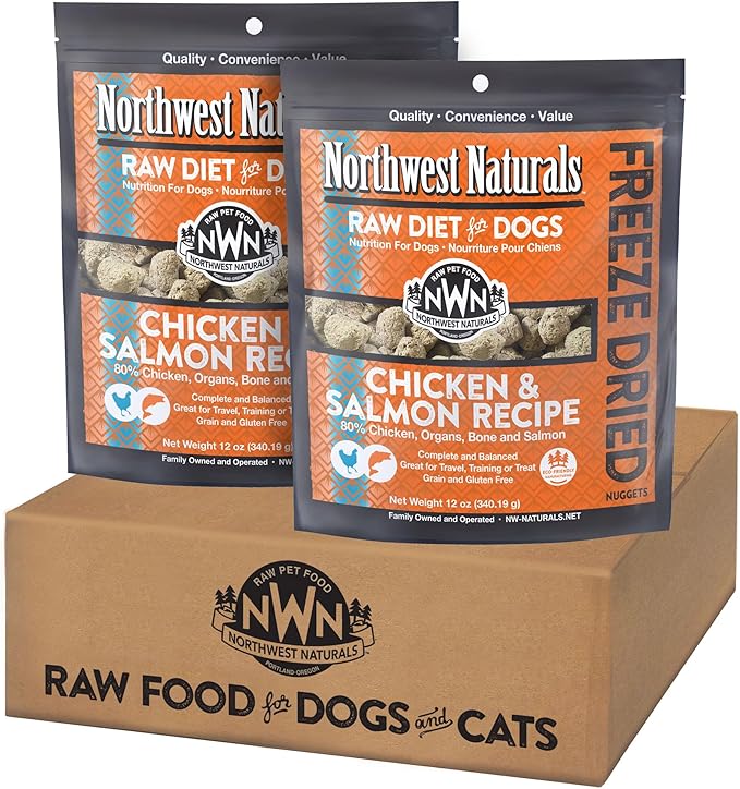 Northwest Naturals Freeze-Dried Chicken & Salmon Dog Food - Bite-Sized Nuggets - Grain-Free, High-Protein, Raw Diet, Human-Grade Ingredients, All Natural, Omega-3 for Skin & Coat - 12 Oz (Pack of 2)