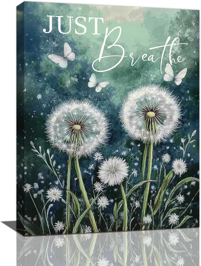 Dandelion Pictures Wall Art, Farmhouse Floral Bathroom Wall Decor, Rustic Nature Inspirational Framed Painting Butterfly White Flower Canvas Artwork for Bedroom Living Room Decorations 16"L x 12"W