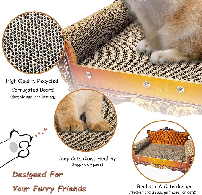 Luxury Cardboard Cat Scratcher Sofa Bed, Couch Shaped Cat Scratching Board, Scratch Lounge with Catnip, Scratcher for Indoor Cats(Brown)