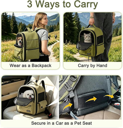 Cat Carrier Dog Backpack Carrier with Anti-Collapse Bottom (Olive Green) | Dog Carrier Mesh Backpack Breathable Pet Travel Bag with Sun Shade, Locking Zippers, Ergonomic Support for Hiking, Vet, Car