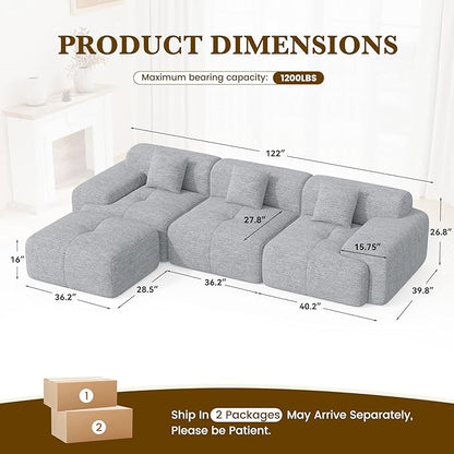 122" L Shaped Convertible Modular Couch, Cloud Couch Sectional with Ottoman, 4-Seater Chenille Boneless Couches for Living Room, Apartment, No Assembly, Light Grey 1PCS
