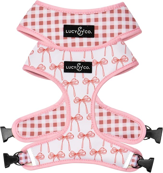 Lucy & Co. Reversible Dog Harness - Water-Repellent Neoprene, Dual-Print Design, Easy Swap Style, Adjustable Comfort Fit - Take a Bow Reversible Harness - Large