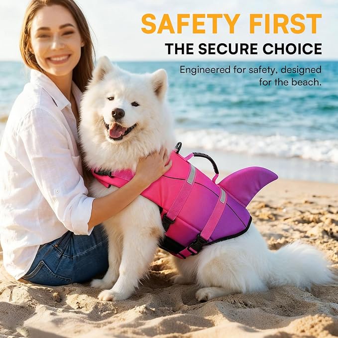 Dog Life Jacket High Flotation, Reflective Dog Life Vest for Swimming, Adjustable Dogs Life Preserver Rescue Handle Spring Summer Pool for Small, Medium, Large Dogs (Pink Purple,XL)