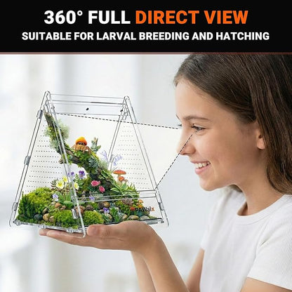 Triangular Jumping Spider Enclosure, Acrylic Terrarium with Magnetic Doors, 0.8mm Micro-Ventilation& Escape-Proof Design for Tarantulas, Lizards, Small Pets, 6.5"x7.3"x7"