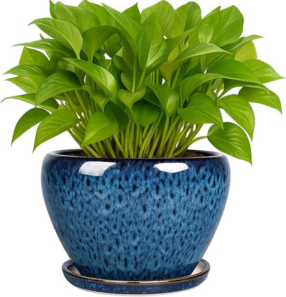 Deep Dream 6 Inch Plant Pots- Ceramic Planter Pot with Drainage Hole and Saucer, Round Flower Pot for Indoor Outdoor Succulent, Snake Plants and Cactus, Blue