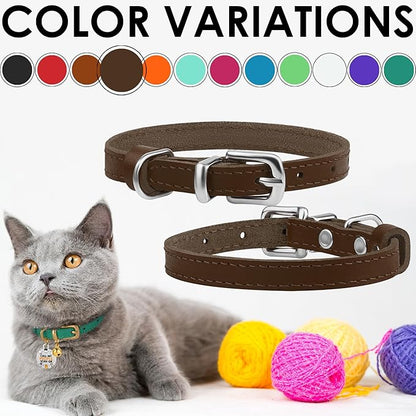 BRONZEDOG Leather Cat Collar with Removable Bells Non Breakaway Kitten QR Tag for Girl Boy (9" - 12" Cats/Mini Dogs, Brown & Silver)