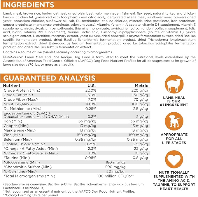 NutriSource Adult Dry Dog Food, Lamb Meal and Rice, 4LB